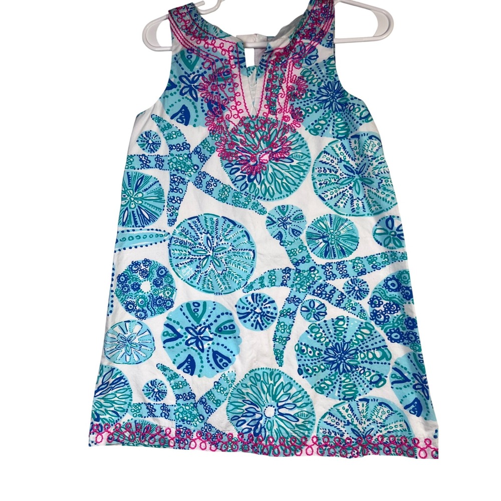 Lilly Pulitzer Embroidered Dress Girls 4T Blue White Starfish Excellent